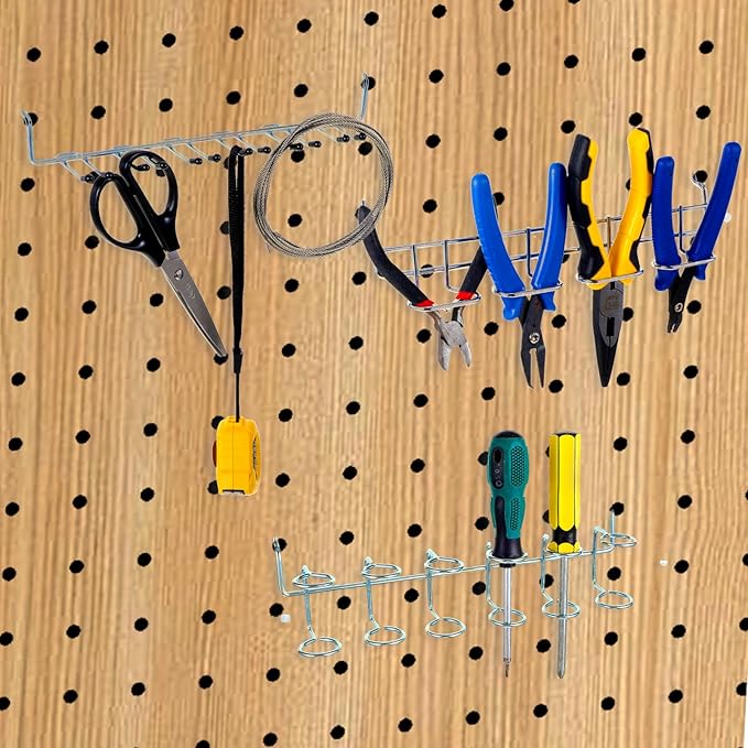 9 Pcs Pegboard Screwdriver Holders Organizer Pegboard Plier Holders Stainless Steel Peg Board Tool Utility Hooks Accessories Shelving Display Multi-Ring Tool Racks for Shop Store