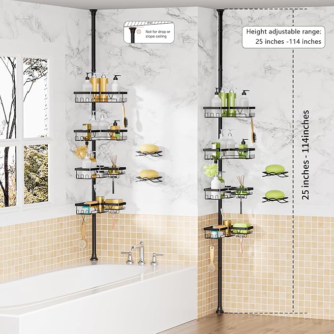 DAOYA Corner Shower Caddy + 2 Soap Holders, 4 Tier Shower Caddy Tension Pole Stainless Steel Black, Extends 25-114.2 Inches, for Bathroom Organizers and Storage, Renter-Friendly and Gift Idea