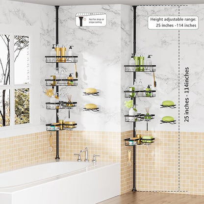 DAOYA Corner Shower Caddy + 2 Soap Holders, 4 Tier Shower Caddy Tension Pole Stainless Steel Black, Extends 25-114.2 Inches, for Bathroom Organizers and Storage, Renter-Friendly and Gift Idea