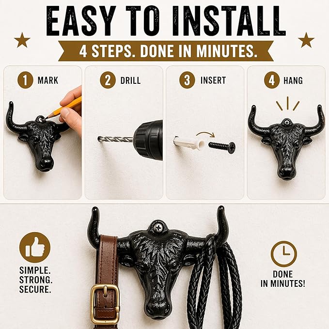 Cowboy Hat Rack Wall Mount 2PC Cowboy Hat Holder Hooks Western Hat Rack Metal Cowboy Hat Hooks Rustic Western Decor Hat Hanger