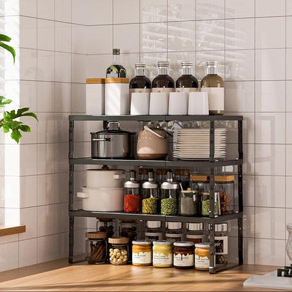 Cabinet Shelf Organizer, Spice Rack,Stackable, Expandable, Rust Resistant, Convenient Kitchen Storage, Metal Shelf for Kitchen, Countertop, Restroom(3Packs/Black,Medium)
