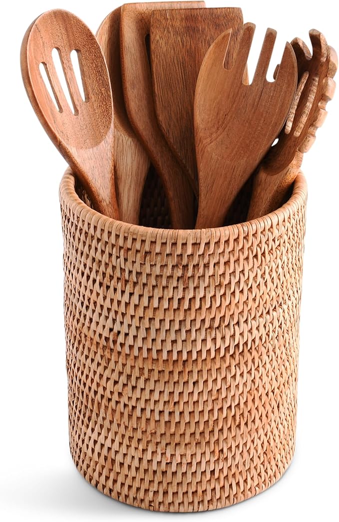 Vagabond House Hand Woven Rattan Utensils Holder - 8 Inches Tall x 5.5 Inches Diameter - Natural and Durable Eco-Friendly Material for Storing and Organizing Kitchen Utensils