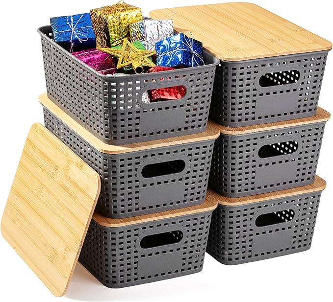 BAMBOO LAND- Plastic Storage Baskets with Bamboo Lid, 6 pcs, Grey Pantry Storage Baskets with Lids