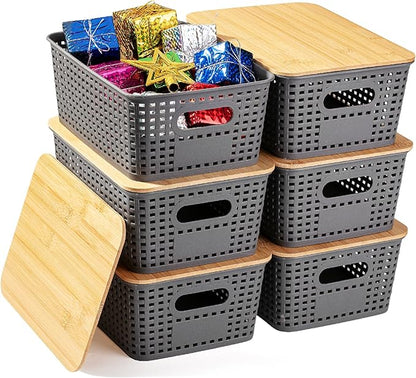 BAMBOO LAND- Plastic Storage Baskets with Bamboo Lid, 6 pcs, Grey Pantry Storage Baskets with Lids