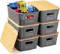 BAMBOO LAND- Plastic Storage Baskets with Bamboo Lid, 6 pcs, Grey Pantry Storage Baskets with Lids