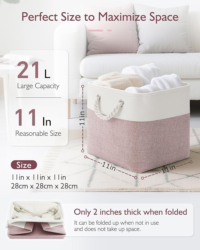Patvingot 11 Inch Cube Storage Bins, 6 Pack Fabric Storage Cubes with Rope Handles, Organizer Baskets for Closet Shelves, Clothes and Home Organization(White/Pink)