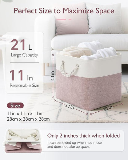 Patvingot 11 Inch Cube Storage Bins, 6 Pack Fabric Storage Cubes with Rope Handles, Organizer Baskets for Closet Shelves, Clothes and Home Organization(White/Pink)