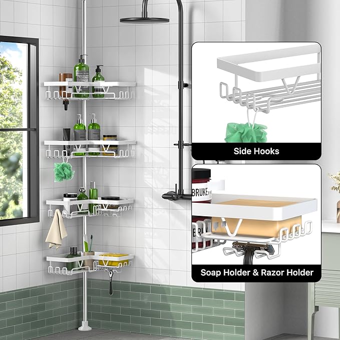 KEGII Corner Shower Caddy Tension Pole - 4-Tier Rustproof Bathroom Organizer, Floor to Ceiling Shower Caddy 25-114.2 inch, No Drilling Shower Storage Rack for Shampoo, Towels (Matte White) | Rustproof, Bathroom Organizer, Shower Storage Rack, for Shamp...