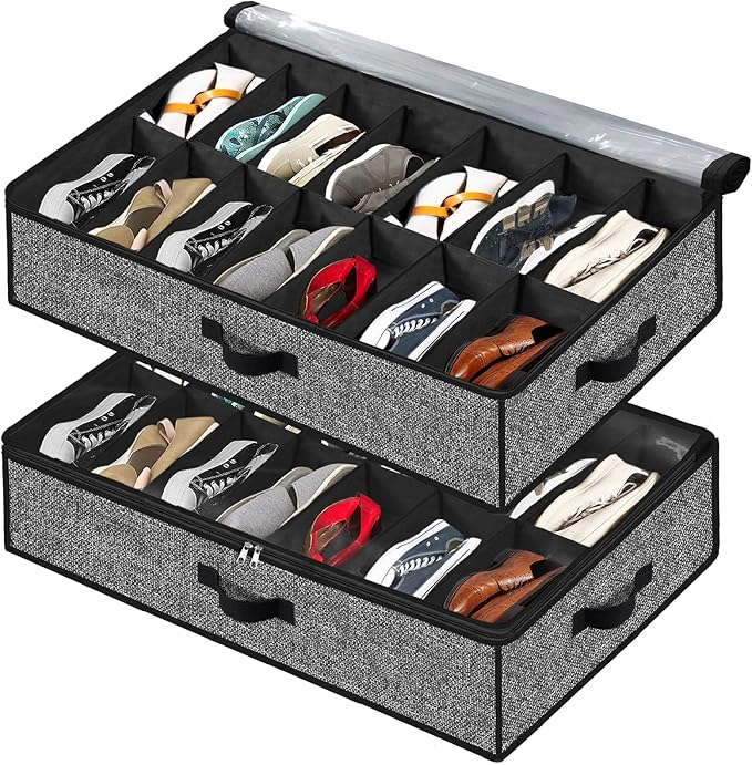 Under Bed Shoe Storage Organizer for Closet 2 Pack- Fits 28 Pairs Underbed Shoes Container Boxes with 2 Sturdy Handles and Clear Window Black