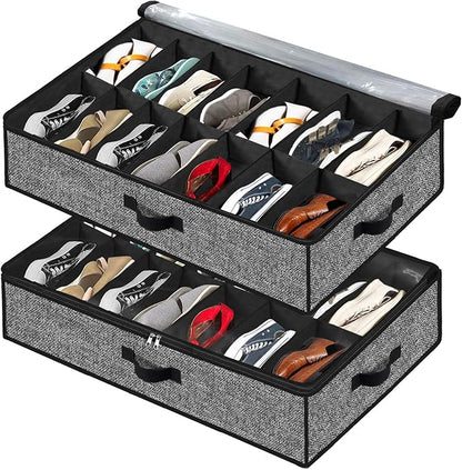 Under Bed Shoe Storage Organizer for Closet 2 Pack- Fits 32 Pairs Underbed Shoes Container Boxes Black