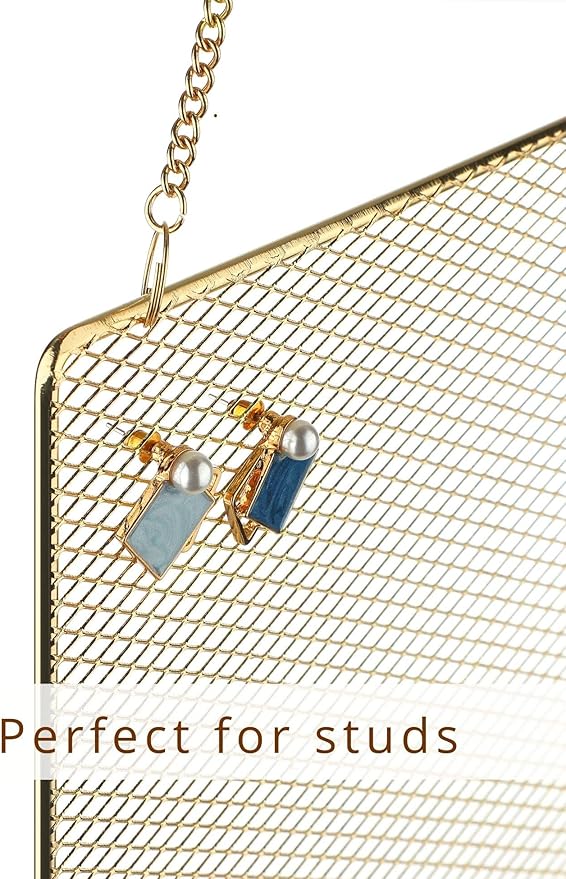 Heesch 2 Pack Earring Holder Wall Mounted Hanging Jewelry Organizer Display Decorative Metal Diamond Shape with Hooks for Necklaces Bracelets (Gold)