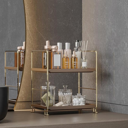 FSyueyun 2-Tier Bathroom Countertop Organizer,Bathroom Organizers and Storage with Tool-Less Installation, Premium Plastics for Makeup, Perfume, Skincare on Dresser Vanity Tray (Gold & Brown)