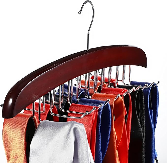 Jetec 2 Pieces Tie Rack Tie Hanger 24 Hooks Wooden Tie Rack Hanger for Closet 360 Degree Rotating Belt Holder Tie Organizer for Men Women Bras Tank Tops Camisoles(Coffee)