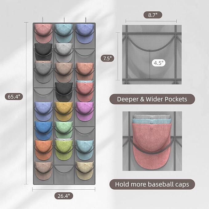 Grey Hat Organizer Racks for Baseball Caps, 24 Deeper Pockets Baseball Hat Rack, Cap Rack, Hat Rack for Door with 3 Hooks