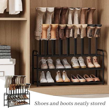 Kitsanery Shoe Rack - 3-Tier Metal Boot Rack Organizer for Entryway, Closet & Garage, Free Standing Shoe Shelf for Storage Tall Boots, Sneakers, Cowboy Boots, Black (Large - 8 Pairs)