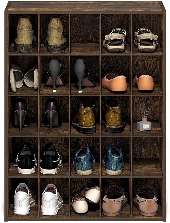 Furinno FANO Shoe Rack, 25-Cube Shoe Organizer, Stackable Shoe Organizer, 11.7 x 24.2 x 31.5, for Closet Entryway, Office, Garage, Amber Pine