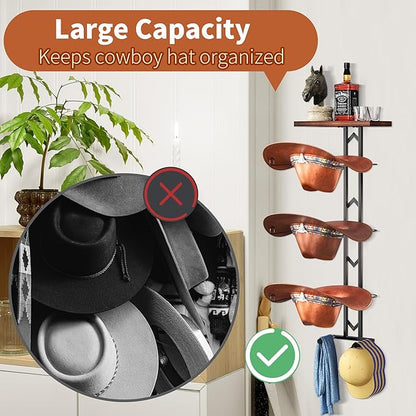 Cowboy Hat Rack for Wall, Hat Organizer for Baseball Caps, 3 Pieces Western Hats Hangers Holder with 2 Hooks, Rustic Wood Display Stand with Storage for Fedora,Sun Hats (Black)
