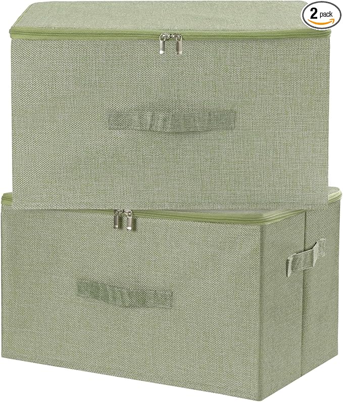 ANMINY 2PCS Storage Bins with Zipper Lids 36 Qt Lidded Fabric Storage Boxes Baskets Cubes with Handles Collapsible Washable Cotton Linen Closet Shelf Clothes Organizer Containers - Green, Large