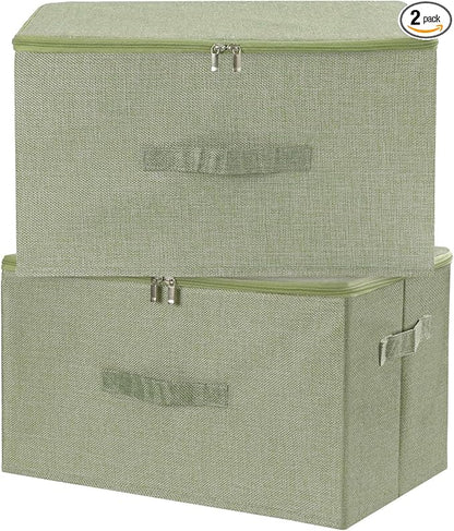 ANMINY 2PCS Storage Bins with Zipper Lids 36 Qt Lidded Fabric Storage Boxes Baskets Cubes with Handles Collapsible Washable Cotton Linen Closet Shelf Clothes Organizer Containers - Green, Large