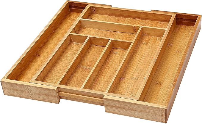 YBM Home & Kitchen Expandable 6-compartment Kitchen Utensil, Flatware, Cutlery Drawer Organizer Tray Size 18" width (12.5" wide closed), 17." Length, 2" Height. Item No.339