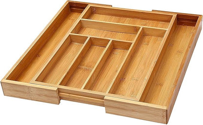 YBM Home & Kitchen Expandable 6-compartment Kitchen Utensil, Flatware, Cutlery Drawer Organizer Tray Size 18" width (12.5" wide closed), 17." Length, 2" Height. Item No.339