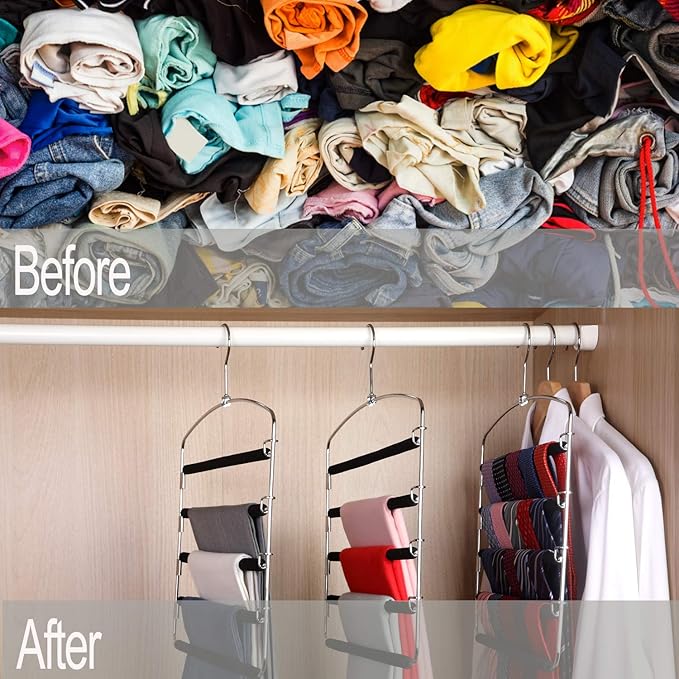 Pants Hangers 5 Layers Metal Slack Magic Hangers Non-Slip Foam Padded Swing Arm Space Saving Hanger Clothes Closet Storage Organizer for Pants Jeans Trousers Skirts Scarf Ties Towels