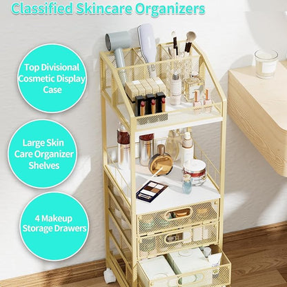 HapiRm Makeup Organizer Storage Cart - Floor Skincare Make Up Storage with 4 Drawers, Rolling Makeup Cart Vanity Organizer Cosmetics Display Cases Holder for Skin Care Perfume Nail Polish, Gold