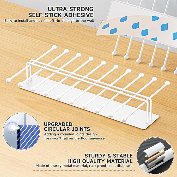 Tie Rack Wall Mounted, Tie Organizer for Men, Tie Rack Hanger for Closet Metal, Adhesive Tie Holder Organizer with 20 Hooks, Tie Storage for Wall Bedroom Living Room Dresser Room (White)