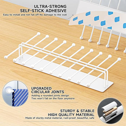 Tie Rack Wall Mounted, Tie Organizer for Men, Tie Rack Hanger for Closet Metal, Adhesive Tie Holder Organizer with 20 Hooks, Tie Storage for Wall Bedroom Living Room Dresser Room (White)