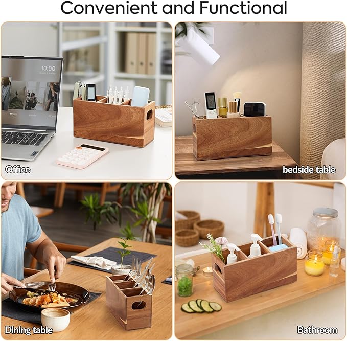 VIVIRBIEN Acacia Wooden Silverware Holder, Kitchen Utensil Caddy with 3 Compartments, Cutlery Storage Organizer Countertop, Flatware Organizer for Party, Spoon, Fork Holder