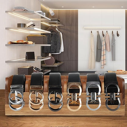 MinBoo Acacia Wood Belt Organizer Box,6 Grids Belt Rack for Closet and Drawer, Belt Storage Organizer and Displayer for Men Women