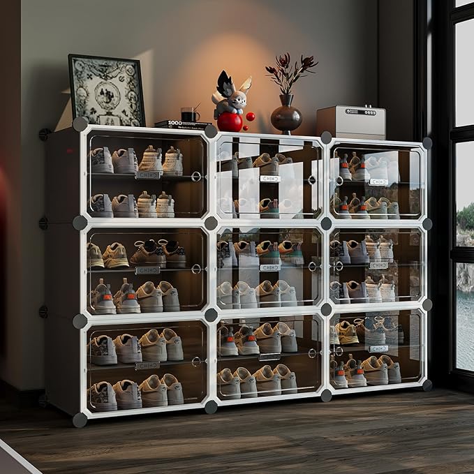 MAGINELS 6-Tier Shoe Rack,Expandable Plastic Shoe Cabinet. Shoe Storage with Door,Entryway, Closets, Hallway, and Bedroom.Accommodates Up to 24 Pairs of Shoes.Grey (3 by 6)