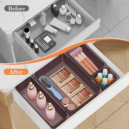 SpaceHacks 25 PCS Plastic Drawer Organizer Set, 4-Size Versatile Organizer Trays & storage Bins for Makeup, Jewelry, and Gadgets in Bathroom, Bedroom and Office,Brown