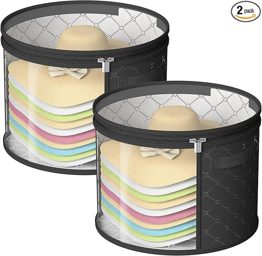 Veki 2pack Clear Hat Organizer for Closet, Hat Boxes for Women Storage With Dustproof Lids, Hat Box for Travel and Storage, Cowboy Hat, Stackable Round Brim Hats Organizer Bag Container (Black)