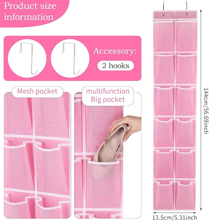 GOMAJI Over the Door 12 Pocket Hanging Shoe Organizer, Pink