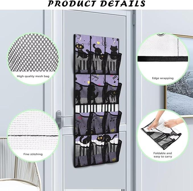 Cat Piano Over The Door Hanging Shoe Organizer,Door Back Organizer,Pantry Organizers and Storage,Stable Spice Rack with 12 Mesh Pockets for Kitchen,Bathroom,Small Item Storage Bag