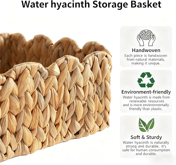 Scalloped Basket, Wicker Storage Baskets, Hand Woven Baskets for Shelves,Natural Baskets for Organizing (Water Hyacinth&M-14" L x 10.5" W x 6" H)
