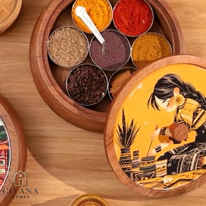 Wooden Spice box for kitchen with spoon, Mango wood box with 7 Steel containers | Masala box for kitchen | Masala Dani | Best Gift (Yellow Masala Box)