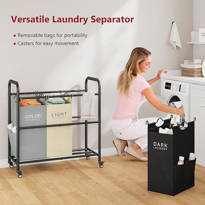 Tajsoon 3 Bag Laundry Sorter Cart, Laundry Hamper Sorter Basket with Heavy Duty Lockable Rolling Wheels for Clothes Storage, 3 Colors