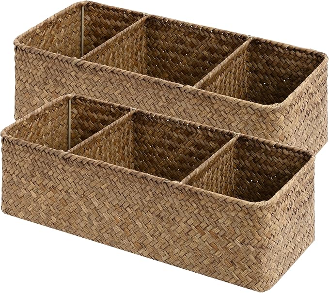 StorageWorks Toilet Paper Baskets for Shelves, 3-Section Wicker Baskets Storage, Back of Toilet Basket for Tank Topper, Counter, Pantry, Living Room Decor, 2 Pack Seagrass Basket