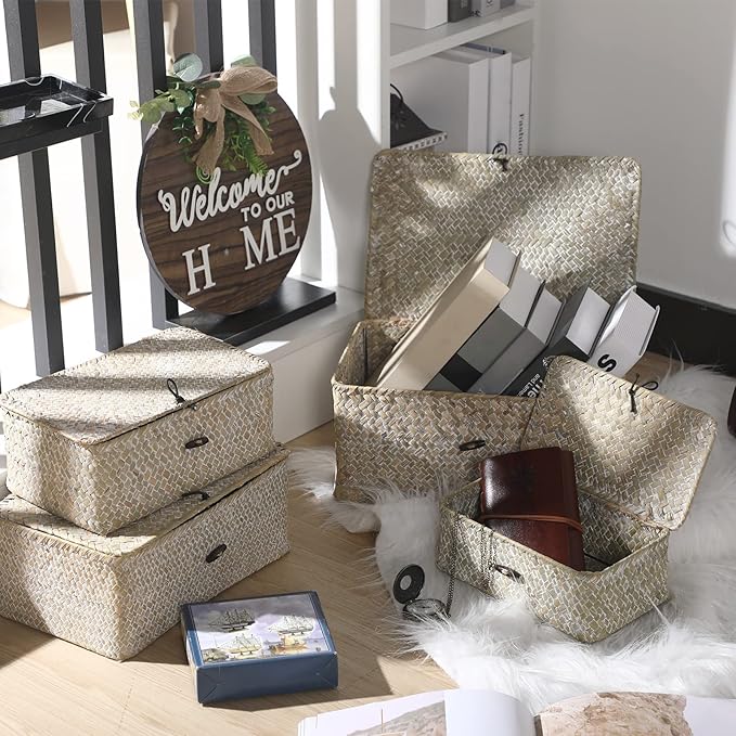 Woanger Set of 4 Wicker Baskets with Lids, Nautral Seagrass Storage Baskets, Woven Rectangular Basket Bins, Rattan Storage Organizer for Shelf Closet Bedroom(White)