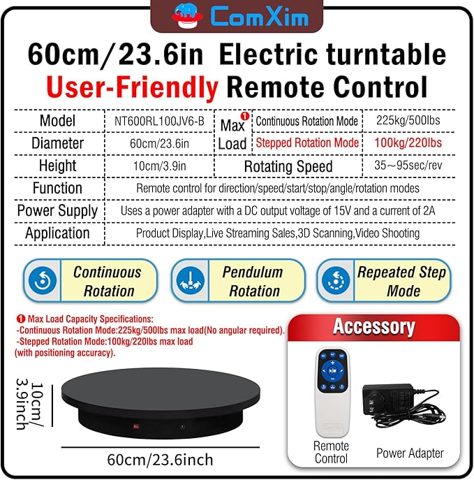 23.6In Remote Large Motorized electric turntable Rotating platform Photography Turntable Motorized lazy susan Base giratoria para for Photography,3D Scanner,Heavy duty display(Load Range:220~500lbs)