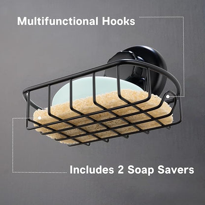 HASKO 2 Pack Suction Cup Soap Dish for Shower Wall, Rustproof Stainless Steel, Shower Soap Holder with Hooks, Includes Optional No Drill Adhesive Mount for Bathroom, 2 Soap Savers, Black