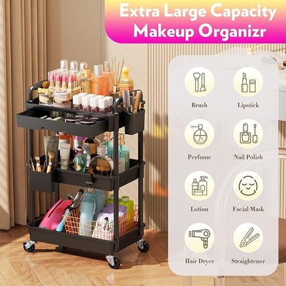 SUNALLY Makeup Cart Organizer with Drawers, Floor Skincare Organizers Vanity Storage Organizer, Rolling Makeup Bathroom Storage Cart Cosmetics Display Cases for Skin Care Perfume Nail Polish, Black