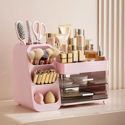HBlife Makeup Organizer with Brush Holder for Vanity, Large Plastic Bathroom Countertop Organizer Skin Care Storage, Easy to Store Lipsticks, Nail Polishes, Perfumes, Eyeshadow Palettes, Pink