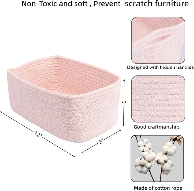 XUANGUO Small Woven Storage Baskets 12“X8”X5“ Decorative Rope Bins for Organizing Shelves, Closets, and Toys, Empty Gift Baskets, Cute Organizer Basket for Home and Office (pink, regular)