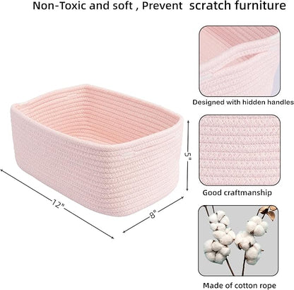 XUANGUO Small Woven Storage Baskets 12“X8”X5“ Decorative Rope Bins for Organizing Shelves, Closets, and Toys, Empty Gift Baskets, Cute Organizer Basket for Home and Office (pink, regular)