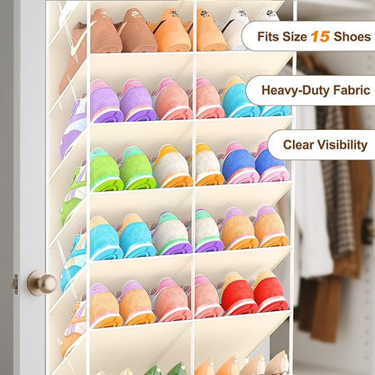 UVIAHOMI 20-30 Pairs Over the Door Shoe Organizer, Clear Pockets Hanging Shoe Storage for Closet, 10-Tier Door Shoes Rack, Handing Shoes Holder Fit All the Family's Sneakers, Boots, Heels, Beige