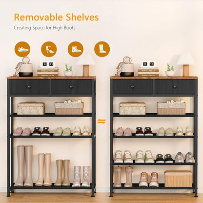 usikey Shoe Rack, 5 Tier Shoe Storage Organizer with 2 Drawers, Metal Shoe Shelf for 12-16 Pairs of Shoes, with 4 Oxford Fabric Shelves and Wooden Top, Shoe Stand for Closet Entryway, Black UNYXJX013H