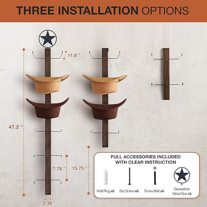 P-ALADIN Cowboy Hat Holder, Cowboy Hat Rack for Wall, 6-Piece Wall-Mount Western Hat Organizer with Wooden Board – Storage Hat Holder Organizer